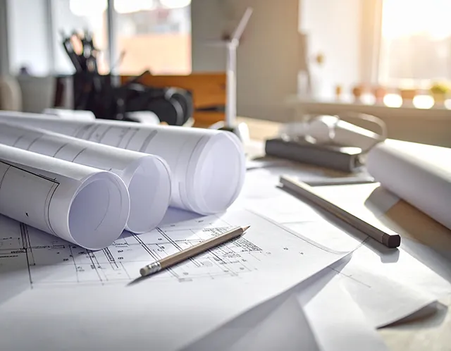 Engineering drawings on desk